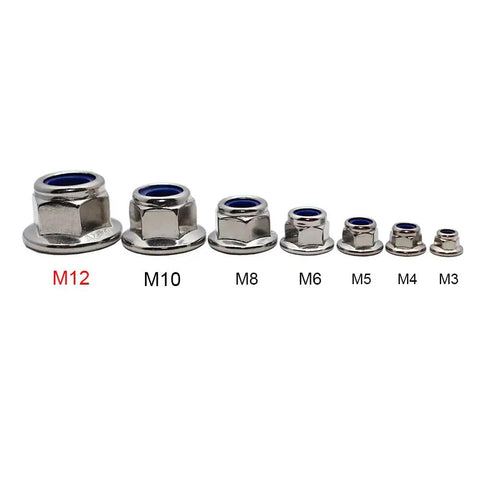 M12x1.75 DIN6926 Flange Nylon Lock Nuts 304 Stainless Steel Hex Locknuts Full Thread 10 Pack For Construction Machinery And Industrial Fasteners Heavy Duty Applications in size comparison