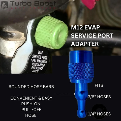 EVAP service port adapter kit, 3-piece; blue knurled connector, green cap for M12 port; fits 3/8 and 1/4 in hoses.