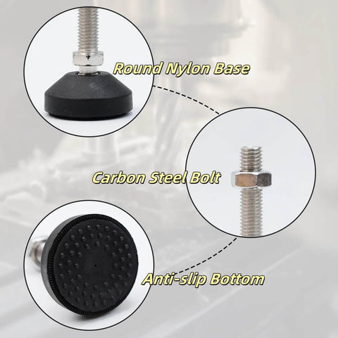 Heavy duty M12x50mm leveling feet deliver 2.83 inch height and 880 lb capacity, shown with nylon base and carbon steel bolt.