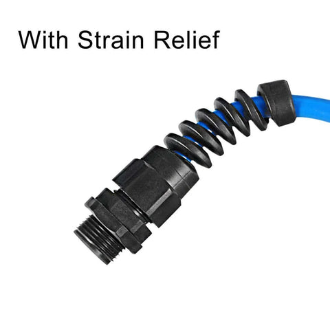 Close-up of M12 Waterproof Cable Gland IP68 Nylon Joint With Strain Relief And Adjustable Locknut attached to a blue cable