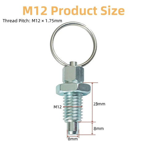Carbon Steel Pull Ring Indexing Plunger M12 Thread 23mm Length with Retractable Spring and Quick Release Pins Dimensions