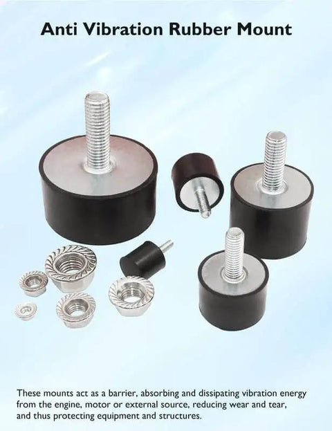 M12 Rubber Vibration Isolator With Threaded Studs And Lock Nuts For Quiet, Effective Vibration Damping In Motors, Pumps And Compressors, 4-Piece Set 60x30mm Silent Blocks, Size M12x37-60x30mm displayed on blue background with lock nuts