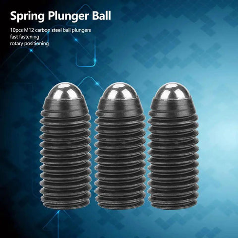 Three M12x1.75 socket ball plungers with hex set screws for clamps, carbon steel, showcasing Ten Piece M12X1.75 Socket Ball Spring Plungers Set With Hex Set Screws For Clamps And Automatic Machines Carbon Steel Construction For Precise Positioning And Reliable Pressure Easy To Install.