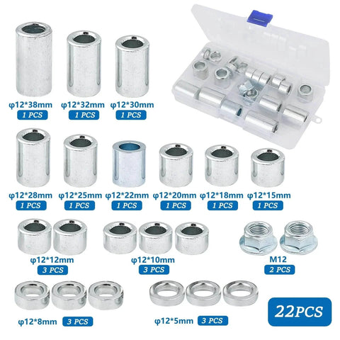 22 Pieces M12 Industrial Steel Spacer Sleeve Bushings Kit For 12mm Axle With 12 Lengths and M12 Lock Nut in storage case
