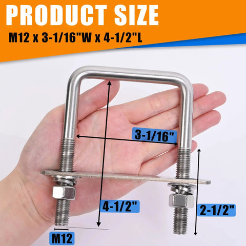 Close-up of Heavy Duty Square U Bolts M12 Thread Size 304 Stainless Steel U Bolts 3-1/16 Inch Wide By 4-1/2 Inch Long with plate and nuts