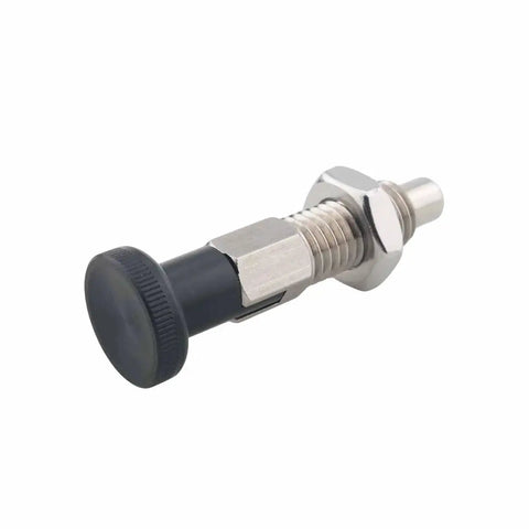 M12 Self Locking Stainless Steel Spring Locating Pin with Ball Nose Plunger and Knob, easy to operate, black handle, side view