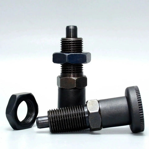 M12 Retractable Spring Knob Plunger Ball Pin, Spring Loaded Indexing Pin, Stainless Steel, Front and Side View with Nut