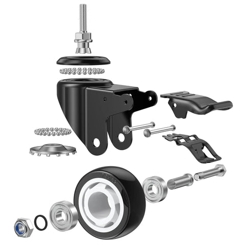 Exploded view of 3 Inch Stem Casters With M12 Thread, 12mm Diameter By 30mm Length, Heavy Duty Locking Swivel Caster Wheels.