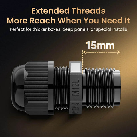 Long Thread Waterproof M12L Cable Gland with Nylon Strain Relief, 15mm thread, for deep panels and rugged use.