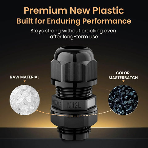 Long Thread Waterproof M12L Cable Gland With Nylon Strain Relief Pass Through Wire Connector For Deep Panels IP68 RoHS REACH Certified