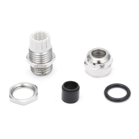 M12x1.5 Metal Waterproof Cable Gland Set, Adjustable Connector for 3-6.5mm Cables, components laid out on white background