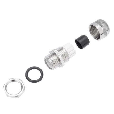M12x1.5 Metal Waterproof Cable Gland Set, adjustable connector for 3-6.5mm cables, shown disassembled with seals and fittings.