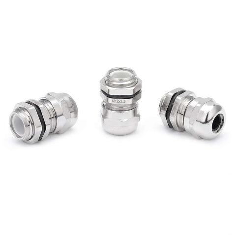 Three M12x1.5 Metal Waterproof Cable Gland Set showing adjustable connectors for 3-6.5mm cables, rugged design, pack of 10 for machinery and controls.