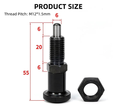 Front view of steel 2 Pack Push Fit Ball Nose Spring Plungers with M12x1.5 threads, showing dimensions and non-lock out design.