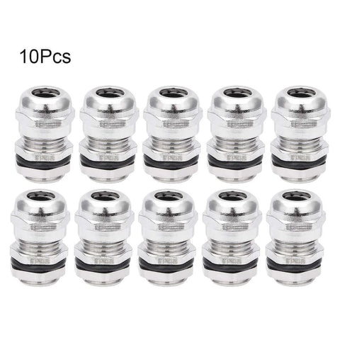 M12x1.5 Metal Waterproof Cable Gland Set, Adjustable Connector For 3-6.5mm Cables, pack of 10, nickel plated with black seal.