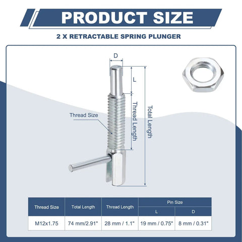 Diagram of Two Pack Retractable Indexing Plunger Pin M12x1.75 Heavy Duty Carbon Steel Spring Loaded Locking Pin with dimensions