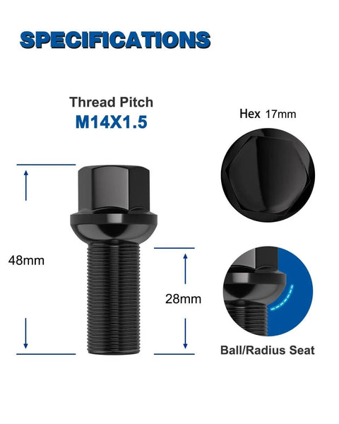 28mm Shank 14x1.5 Lug Bolts R13 Ball Seat Compatible with Audi and VW specifications chart