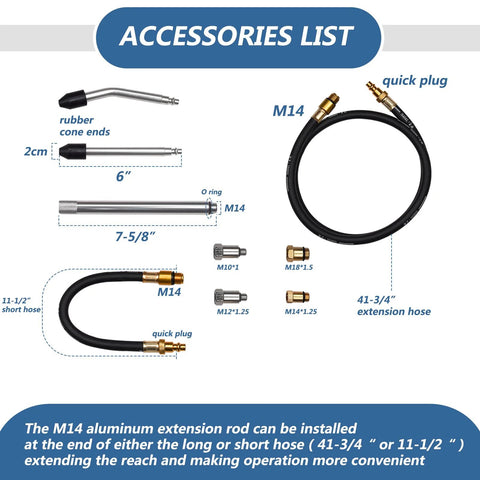 Amazon automotive leak-down tester kit with M14/M18 fittings, rubber cone ends, 41-3/4 in extension hose, aluminum extension rod.