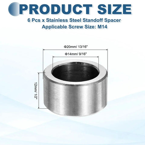 Diagram of Six Pack M14 Stainless Steel Spacers Unthreaded Round Standoff Bushings For Screws And Bolts with dimensions shown.