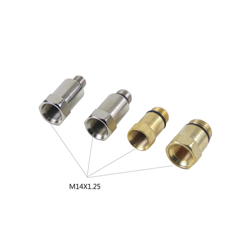 Automotive leak-down tester adapters, 4-piece M14x1.25 metal fittings in silver and brass for cylinder pressure test