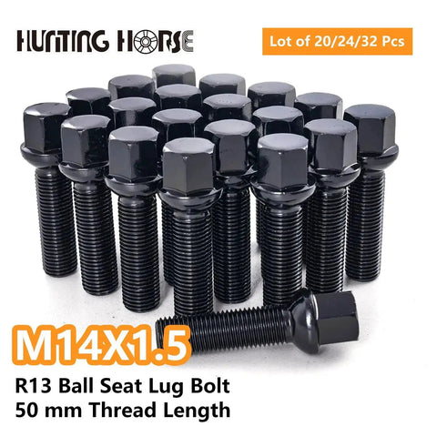 Durable M14x1.5 ball-seat lug bolts set of 20, 50mm shank, black finish for passenger cars and light trucks