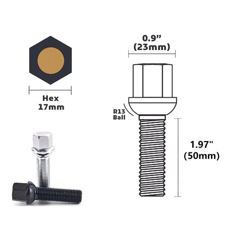 Durable M14x1.5 ball-seat lug bolts set of 20 with 50mm shank, 17mm hex, shown with R13 ball design and dimensions for cars