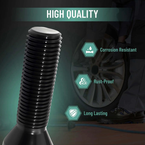 M14x1.5 Extended Lug Bolts – 40mm Shank Length, Conical Seat, corrosion-resistant black bolt close-up with durability features
