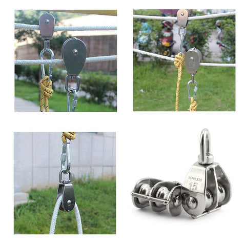 M15 Double Pulley Block Stainless Steel Heavy Duty Hardware Double Wheel Swivel Rigging Lifting Wheel Fixed Pulley for Wire Rope Loading 35kg installed on wire rope showcasing usage