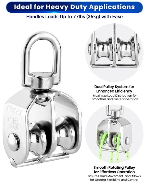 M15 Double Pulley Block - Pack of 4 Heavy Duty 304 Stainless Steel Double Wheel Pulleys for Lifting Rope, front and side view