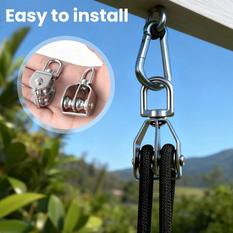 2 Pack M15 Double Sheave Pulley Block, 304 Stainless Steel, installed on wire rope with scenic background