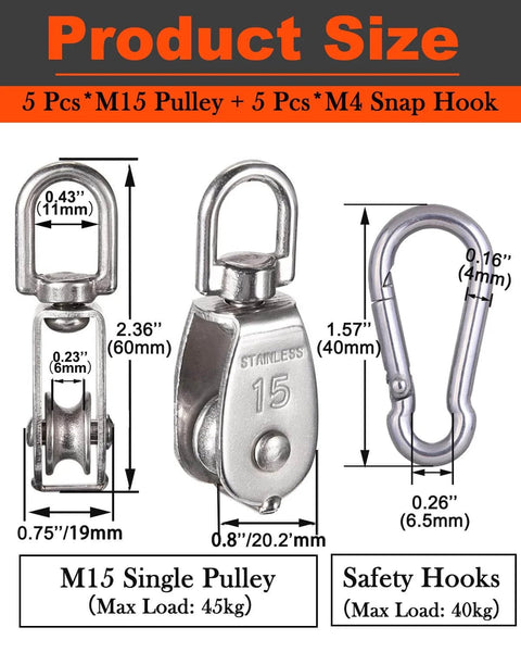 Product size chart for 5 Pcs M15 Single Pulley Block and 5 Pcs M4 Snap Hook, showcasing dimensions and load capacity.