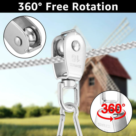 10Pcs M15 Single Pulley Block, 304 Stainless Steel Wire Rope Pulley, Lifting Pulley with 10 Spring Snap Hooks, 360° rotation