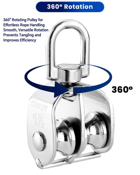 M15 Double Pulley Block with 360° rotation, heavy duty 304 stainless steel double wheel for lifting rope, pack of 4.