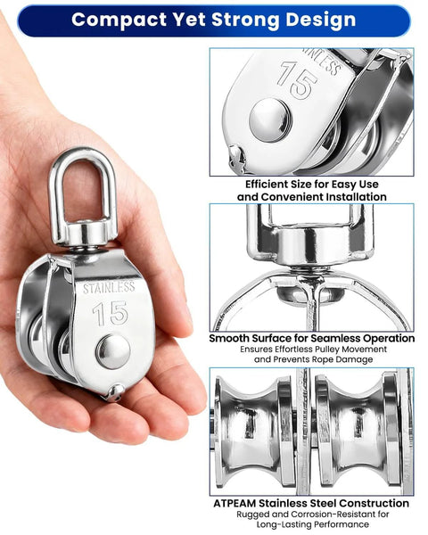 M15 Double Pulley Block - Pack of 4 Heavy Duty 304 Stainless Steel Double Wheel Pulleys for Lifting Rope in hand