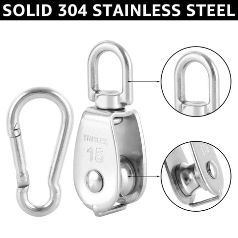 Close-up of 10Pcs M15 Single Pulley Block, 304 Stainless Steel Wire Rope Pulley, Lifting Pulley with 10 Spring Snap Hooks