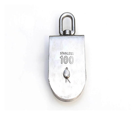 Front view of M15 stainless steel double-sheave pulley block with swivel top for rope and cord systems, 304 stainless steel.