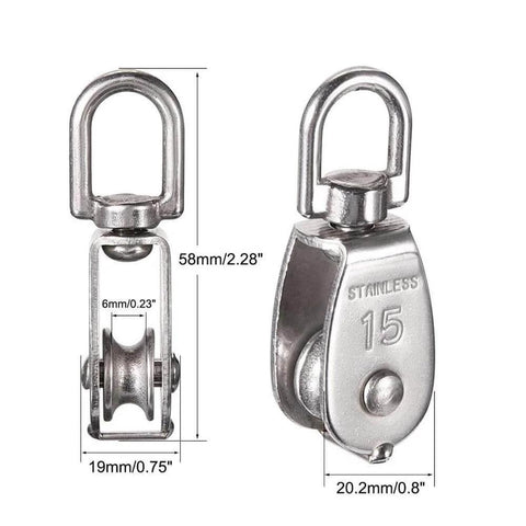 4-Pack Stainless Steel Wire Rope Crane Pulley Block M15 Crane Rotary Hook Single Pulley Block Suspension Line Traction Wheel(4pcs), front and side view showing dimensions.