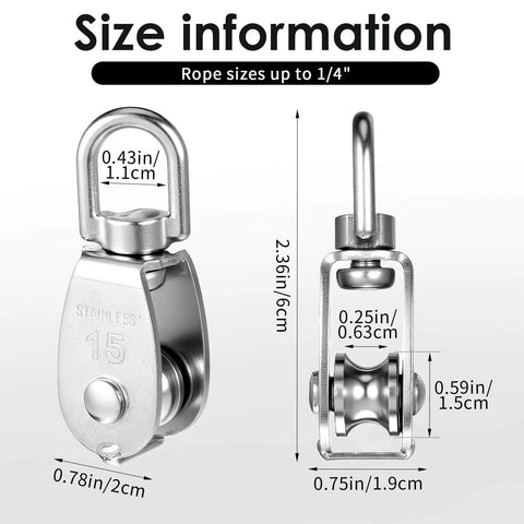 Dimensions of 12 Pack M15 Pulleys for Rope, 304 Stainless Steel Wire Rope Cable Pulley; size information for heavy duty swivel wheel.