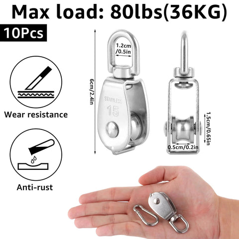 10Pcs M15 Single Pulley Block, 304 Stainless Steel Wire Rope Pulley, Lifting Pulley with 10 Spring Snap Hooks shown in hand and diagram.