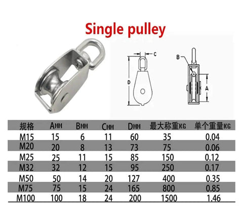 M15 stainless steel double-sheave pulley block with swivel top for rope & cord systems, product chart details included