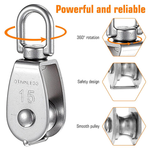 Small Pulley, 3 Pack M15 Cable Pulley showing 304 Stainless Steel Pulleyblock with 360° Swivel Hook for Gym Equipment and Lifting