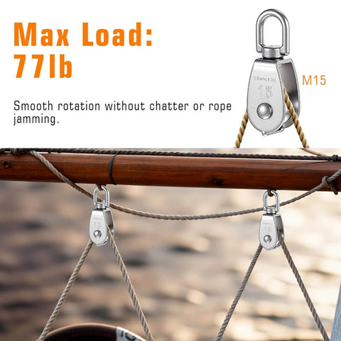Small Pulley, 3 Pack M15 Cable Pulley, 304 Stainless Steel Pulleyblock hanging on a wooden beam with ropes for lifting