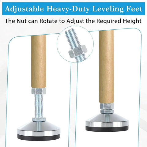 Close-up of Four Piece Heavy Duty Leveling Feet Set with M16 thread and anti-skid rubber feet, adjustable for workbenches and machines.