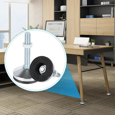 Four Piece Heavy Duty Leveling Feet Set With M16 Thread for desks and workbenches, shown installed on office furniture