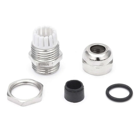 Components of Heavy Duty Metal Waterproof Cable Gland M16 for 4-8mm Wires, including adjustable clamp joint and rubber seal.