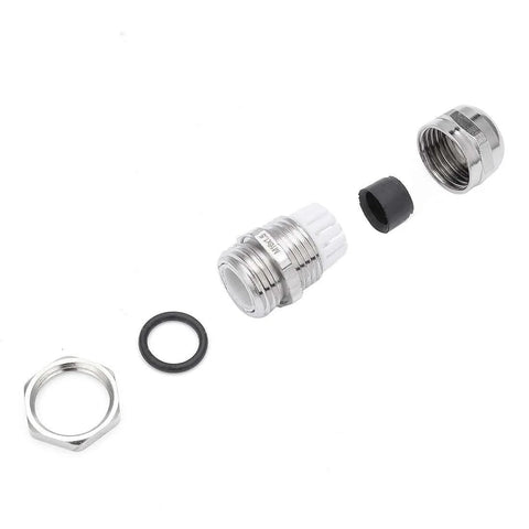 Heavy Duty Metal Waterproof Cable Gland M16 for 4-8mm Wires, shown disassembled with adjustable clamp and rubber seal