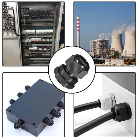 Industrial application of M16 Waterproof IP68 Nylon Cable Gland Locknut with junction box and factory background.