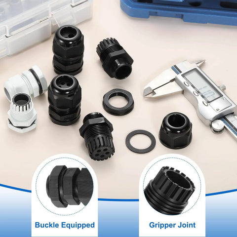 M16 Waterproof Cable Gland Kit 4 Pack 6-10mm Wire Hole Sealing Glands for Cable Fixing, black and white nylon, with caliper.