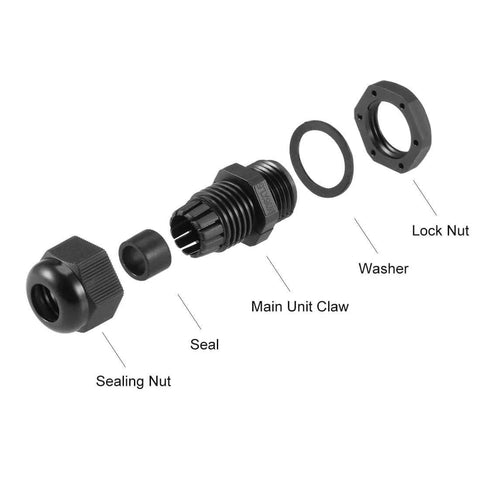 Exploded view of M16x1.5 Cable Gland Waterproof Nylon Joint With Locknut And Washer, Fits 4mm To 8mm Cables, 10 Pack