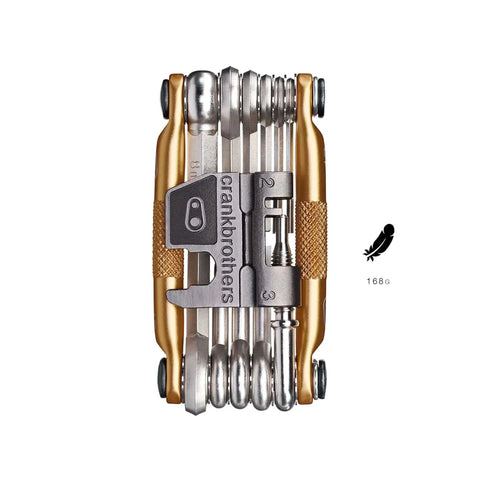 M17 Gold Bicycle Multi Tool With Hex Wrenches 2 2.5 3 4 5 6 8 Open Wrenches 8 And 10mm Spoke Wrenches front view